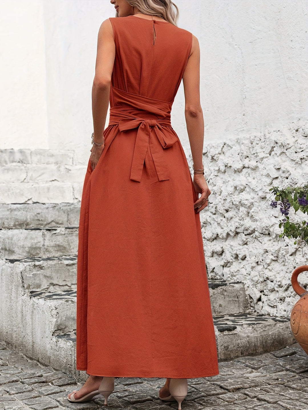 Solid Color Casual Tie-Back Sleeveless Dress