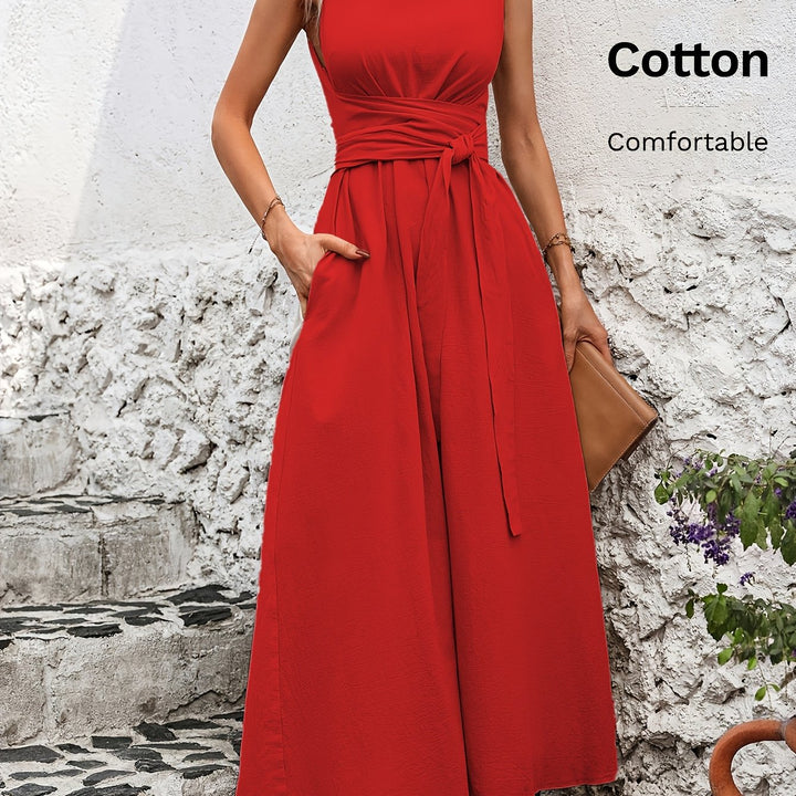 Solid Color Casual Tie-Back Sleeveless Dress