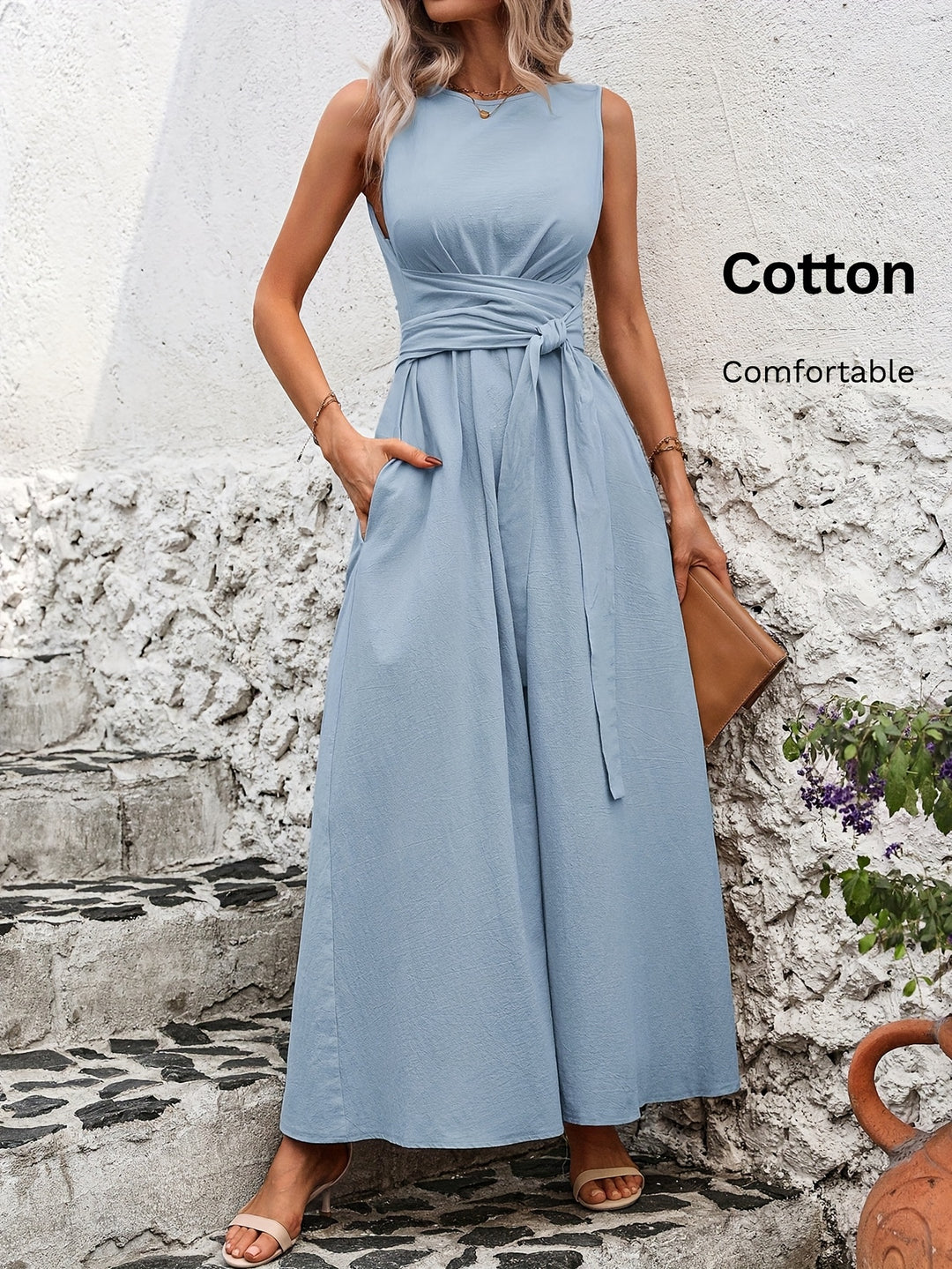 Solid Color Casual Tie-Back Sleeveless Dress