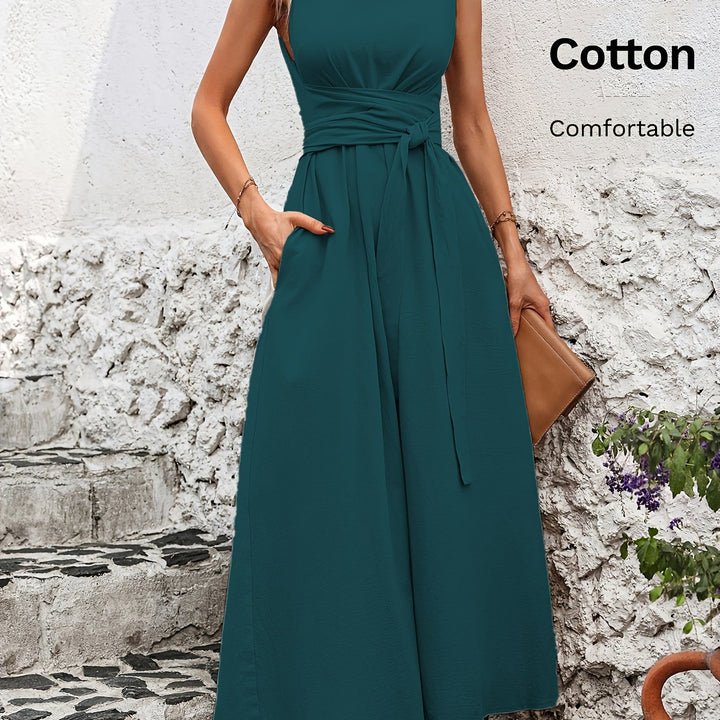 Solid Color Casual Tie-Back Sleeveless Dress