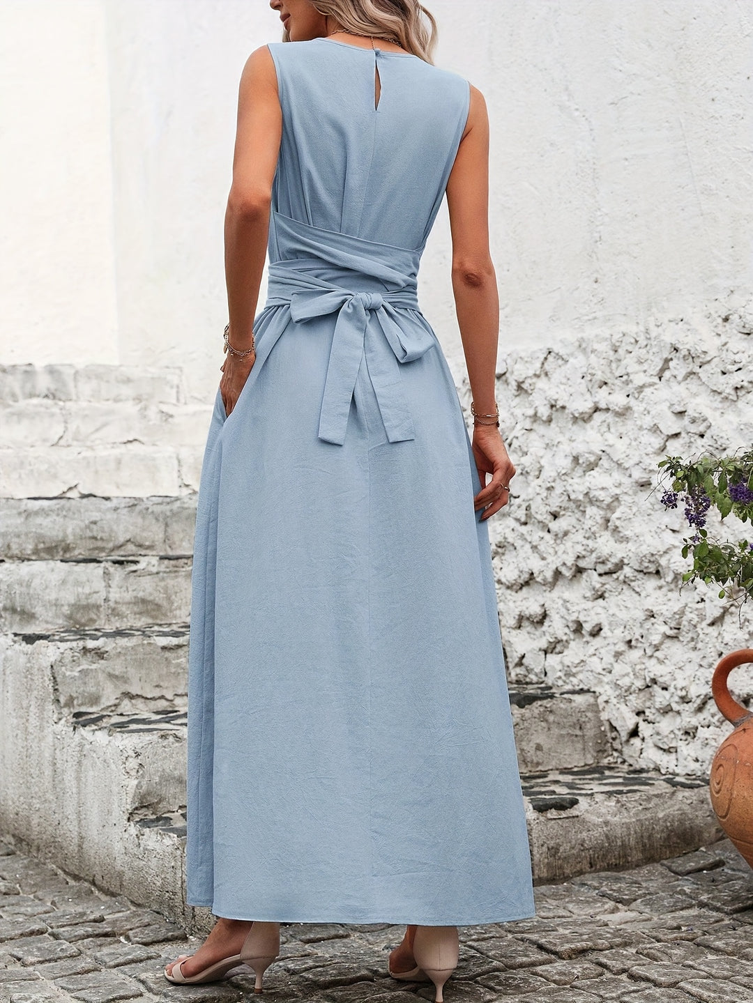 Solid Color Casual Tie-Back Sleeveless Dress