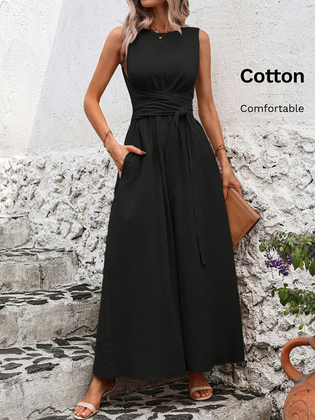 Solid Color Casual Tie-Back Sleeveless Dress