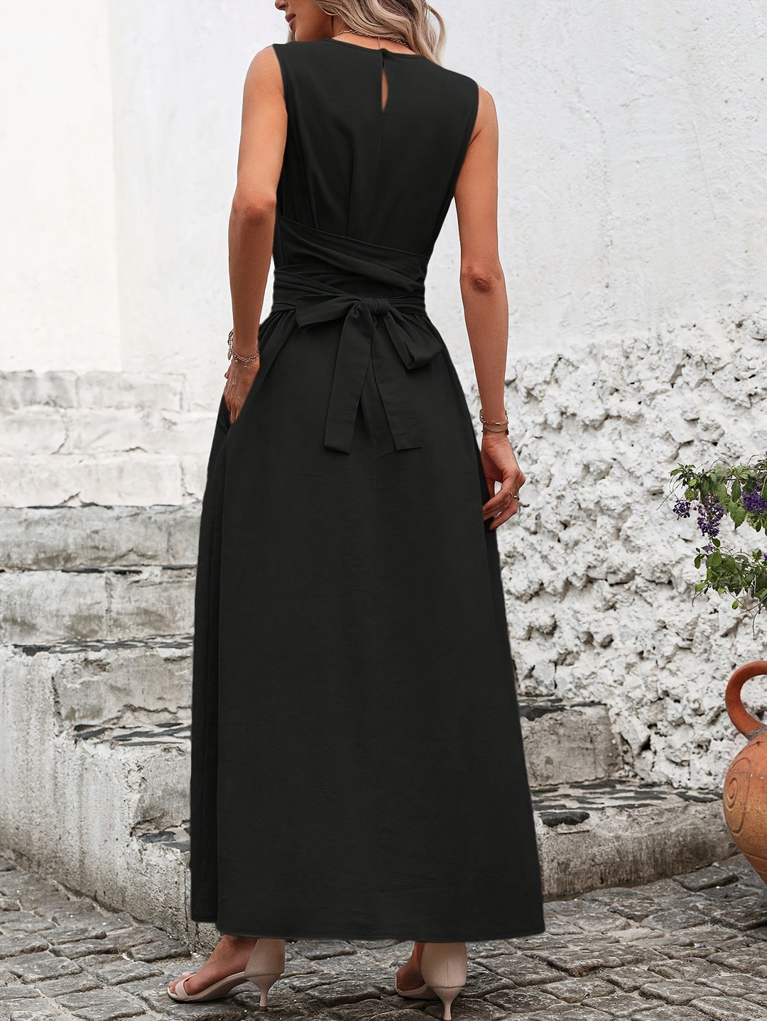 Solid Color Casual Tie-Back Sleeveless Dress