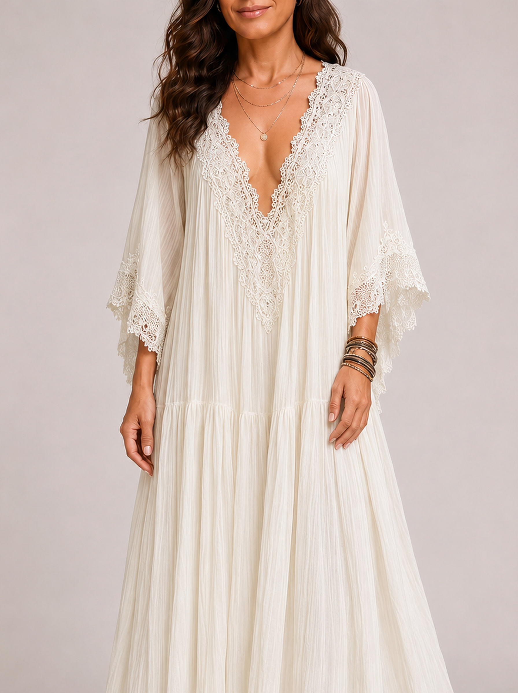 Celeste | Abito Pizzo Bohémien — Bianco