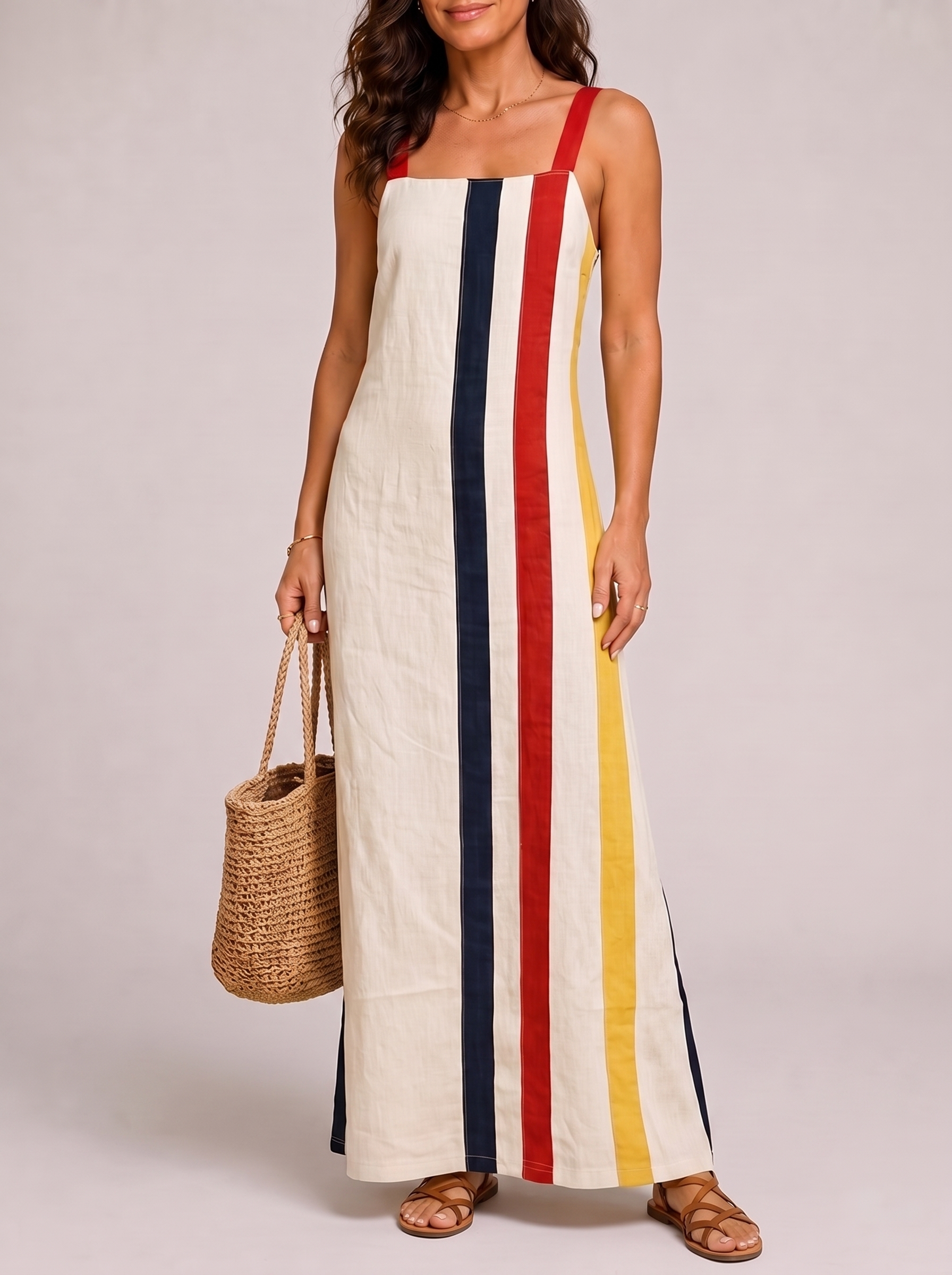 Emilia Abito Lino Righe Verticali Beige - front
