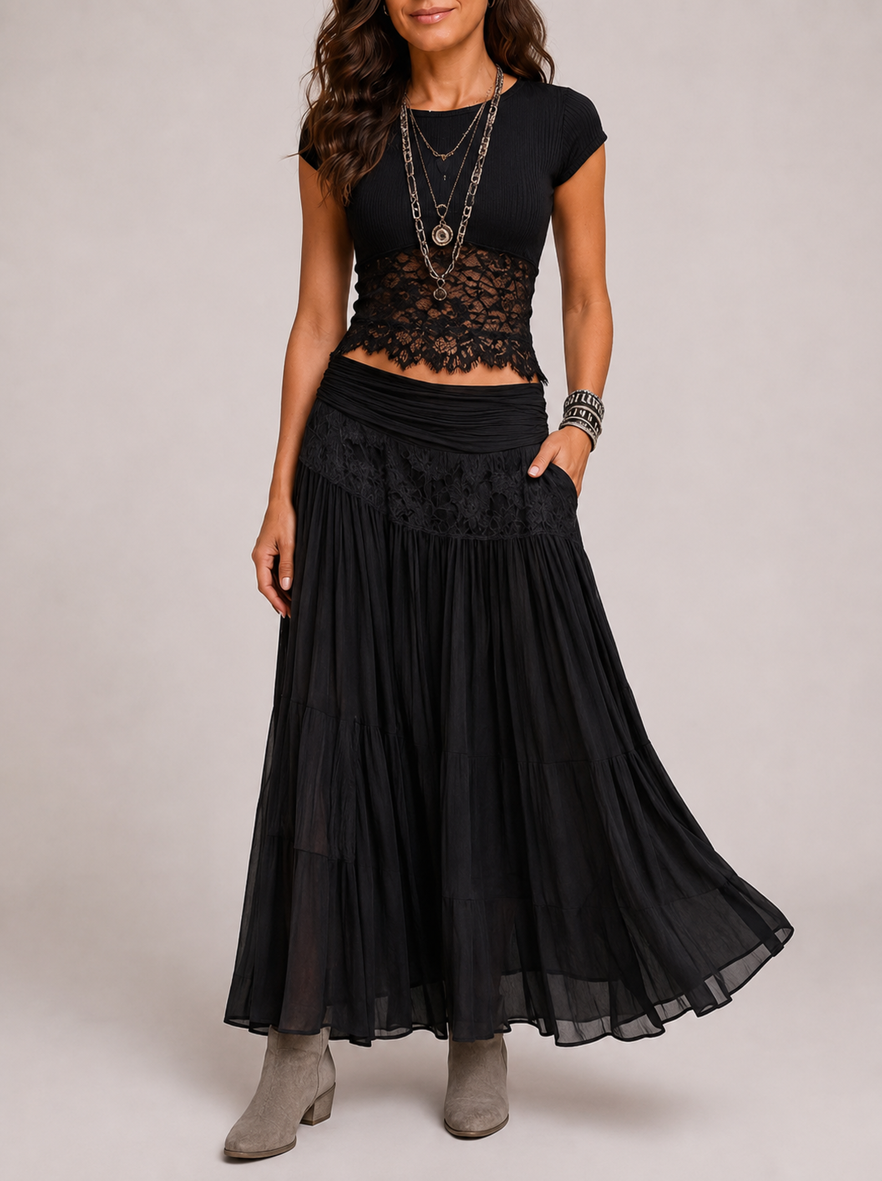 Valentina | Completo Boho in Pizzo — Nero