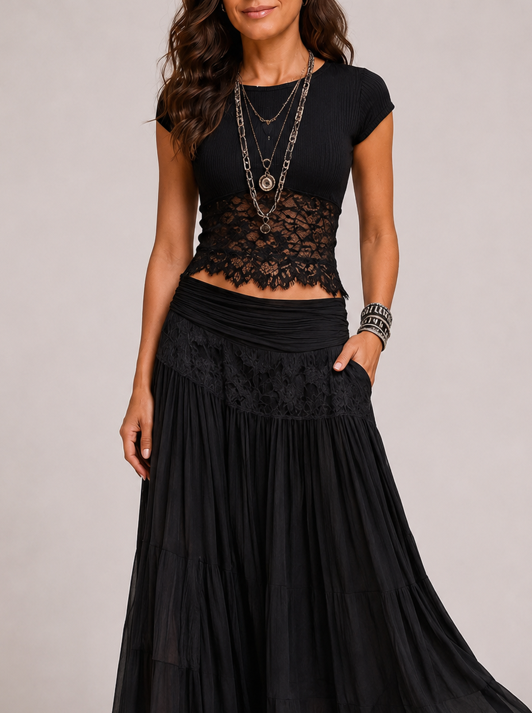 Valentina | Completo Boho in Pizzo — Nero
