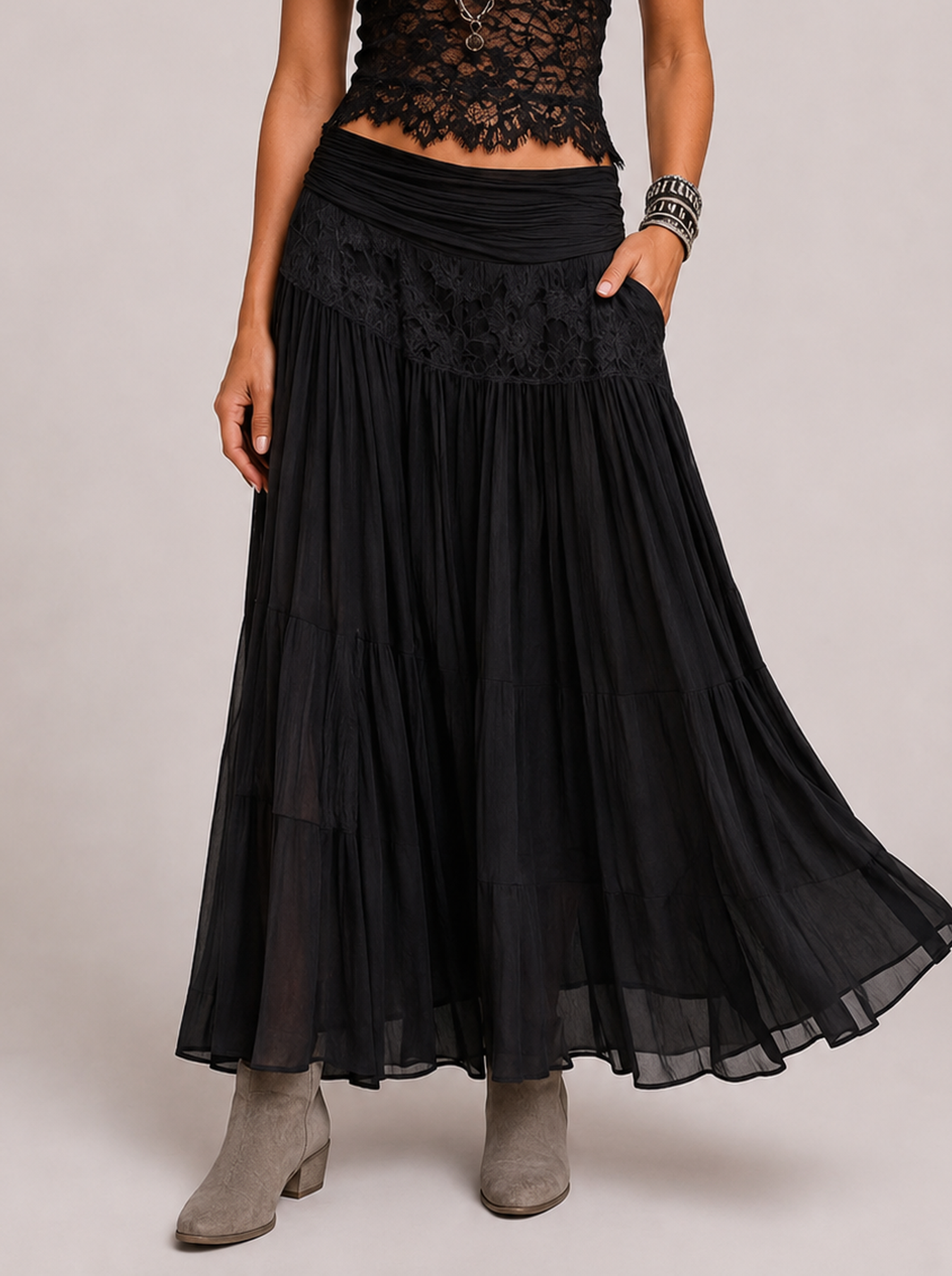 Valentina | Completo Boho in Pizzo — Nero